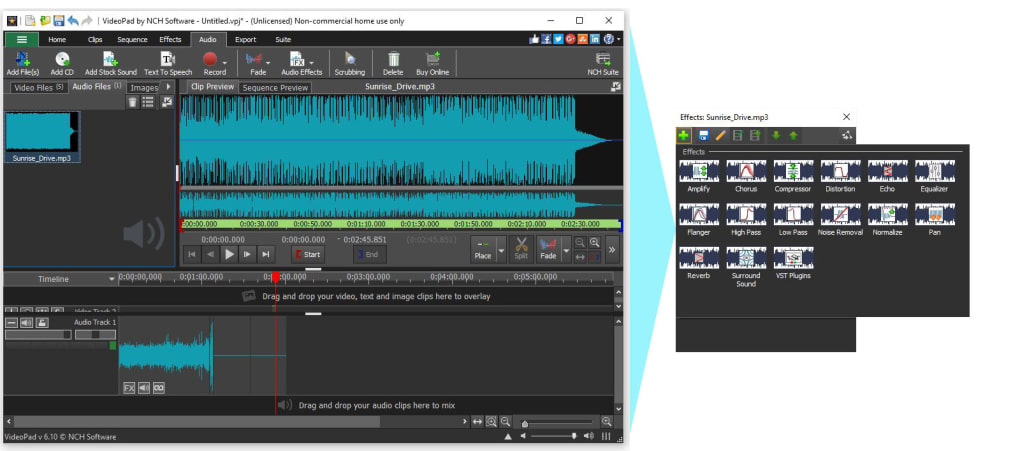 videopad video editor audio left and right tracks